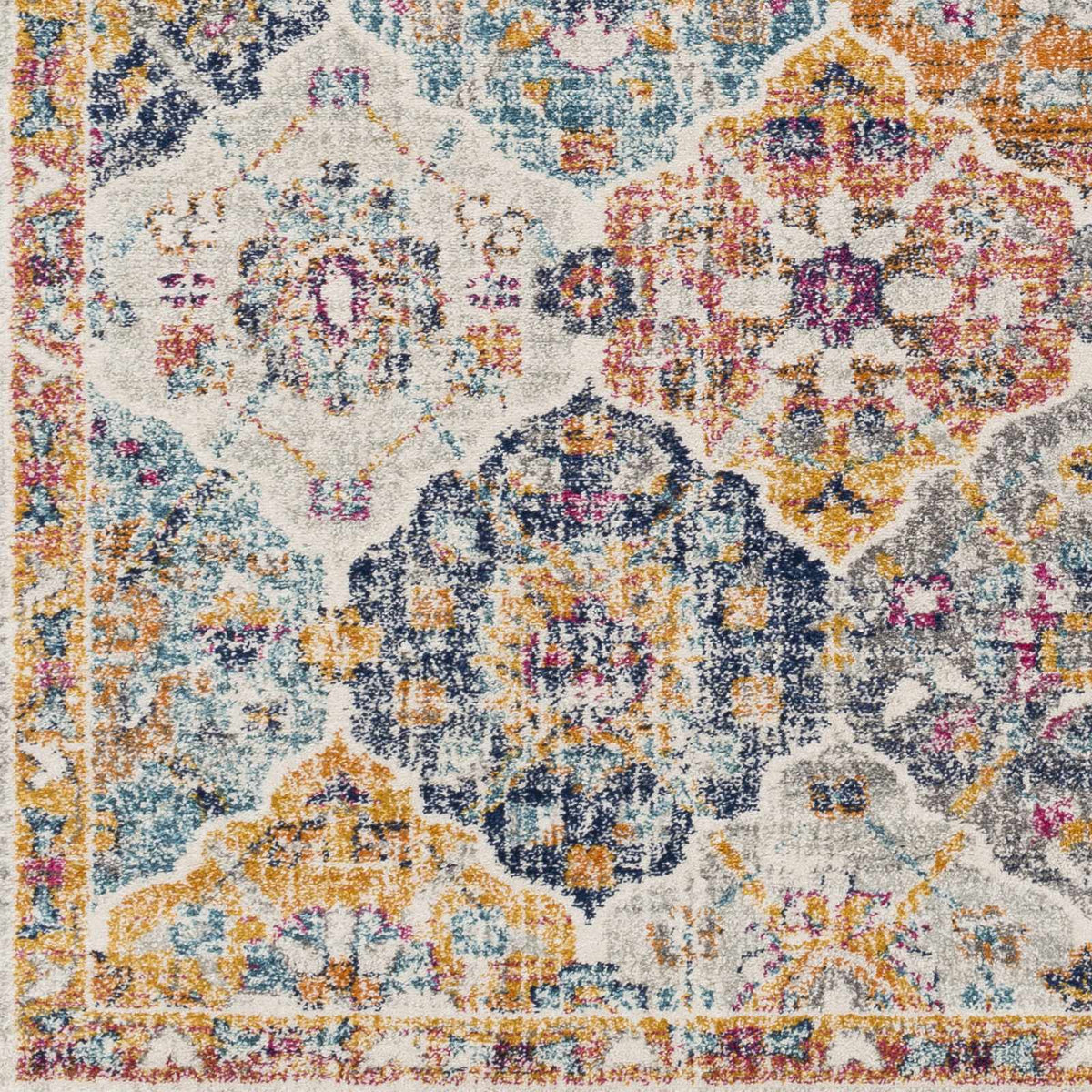 Custar Colorful Area Rug by Boutique Rugs navy teal coral orange cream medallion pattern on Tampa Home & Garden Store