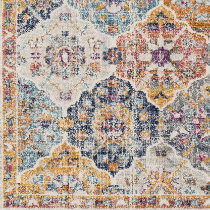 Custar Colorful Area Rug by Boutique Rugs navy teal coral orange cream medallion pattern on Tampa Home & Garden Store