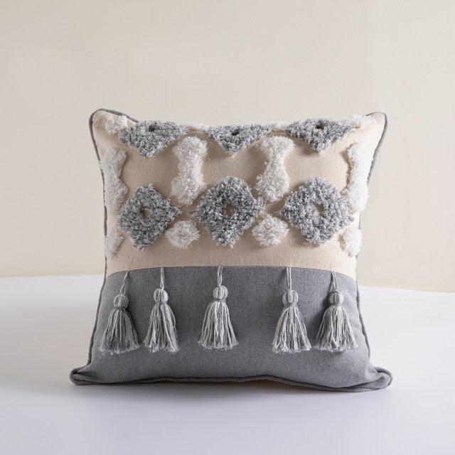 Stevvex cushion cover two-tone beige and grey cotton-linen with tufted texture and tassel fringe on Tampa Home & Garden Store