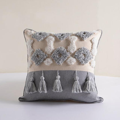 Stevvex cushion cover two-tone beige and grey cotton-linen with tufted texture and tassel fringe on Tampa Home & Garden Store