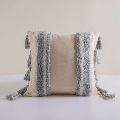Cushion Cover beige handwoven cotton-linen with tufted stripes and tassel fringe on Tampa Home & Garden Store