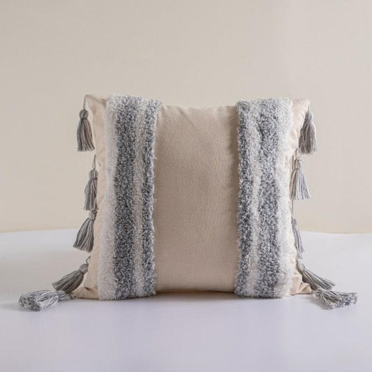 Cushion Cover beige handwoven cotton-linen with tufted stripes and tassel fringe on Tampa Home & Garden Store