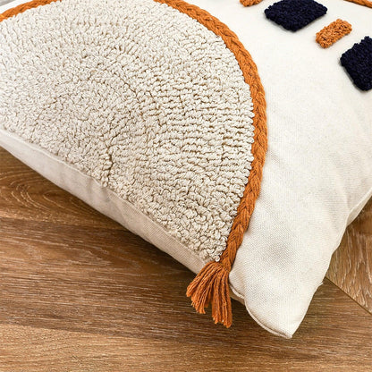 Beige tufted cushion cover with orange tassel border, Stevvex cotton-linen pillowcase on Tampa Home & Garden Store