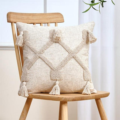 Cushion cover tufted beige cotton-linen, tassel accents, Stevvex throw pillow cover on Tampa Home & Garden Store
