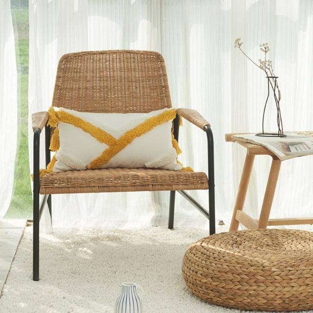 Cushion cover beige tufted decorative pillowcase in cotton-linen, hand-woven with yellow tassels on Tampa Home & Garden Store