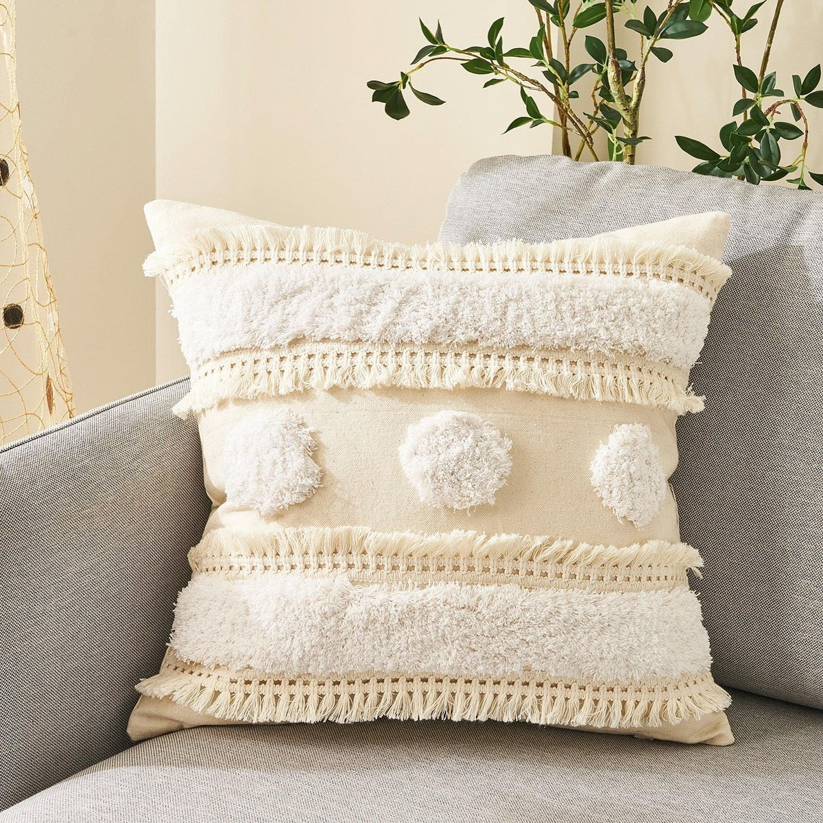 Stevvex beige tufted cushion cover, cotton-linen pillowcase with fringe tassels on Tampa Home & Garden Store