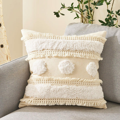 Stevvex beige tufted cushion cover, cotton-linen pillowcase with fringe tassels on Tampa Home & Garden Store