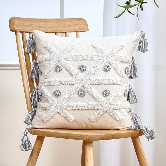 Cushion Cover beige tufted handwoven cotton-linen with tassels Stevvex pillow cover on Tampa Home & Garden Store