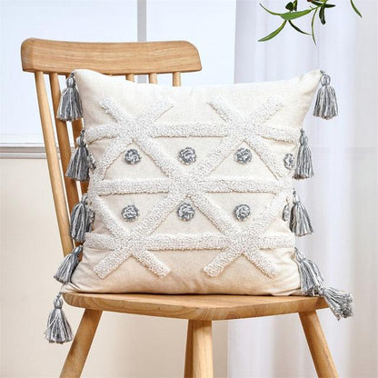 Cushion Cover beige tufted handwoven cotton-linen with tassels Stevvex pillow cover on Tampa Home & Garden Store