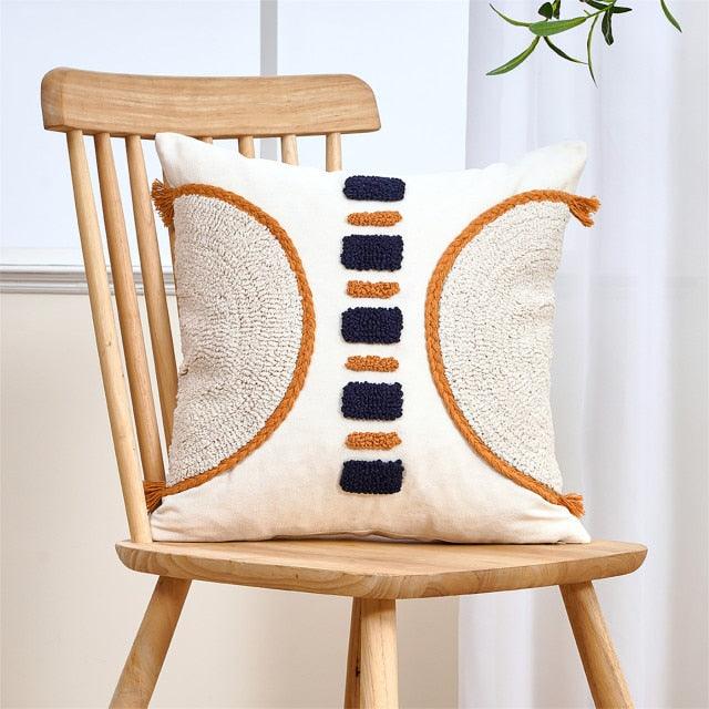 Cushion cover beige tufted cotton-linen with navy and orange center stripe Stevvex on Tampa Home & Garden Store