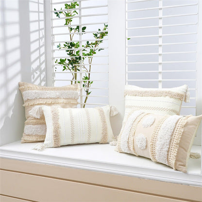 Beige tufted cushion cover set, cotton-linen hand-woven with tassels, 3 pillow covers on bench on Tampa Home & Garden Store