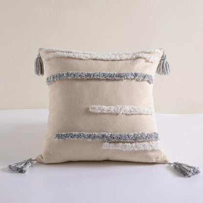 Beige cotton-linen tufted cushion cover with gray stripes and tassel corners Stevvex on Tampa Home & Garden Store