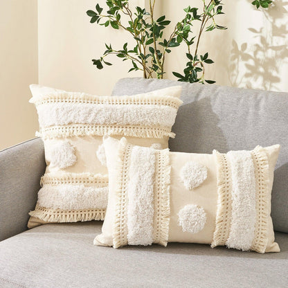 Cushion covers set of 3 beige cotton-linen with tufted fringe and tassel trim on a sofa on Tampa Home & Garden Store