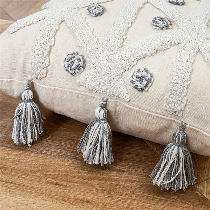 Stevvex cushion cover beige cotton-linen hand-woven with tufted trim and tassels on Tampa Home & Garden Store