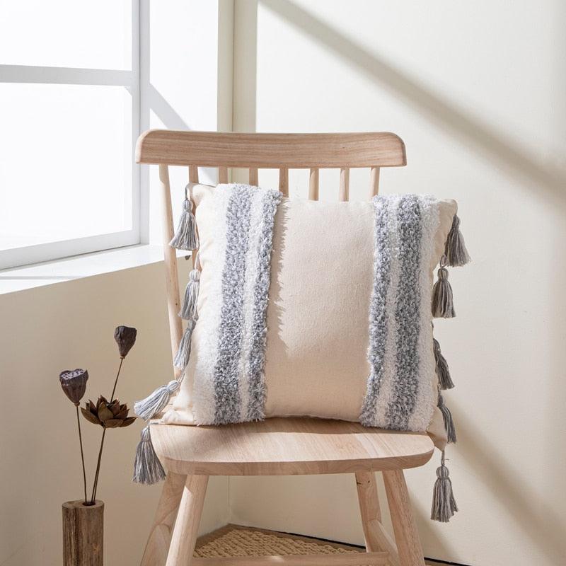 Cushion cover Stevvex cotton-linen tufted beige with grey tassels on a wooden chair on Tampa Home & Garden Store