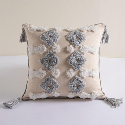 Cushion cover Stevvex beige cotton-linen with tufted gray diamond motifs and tassel edges on Tampa Home & Garden Store