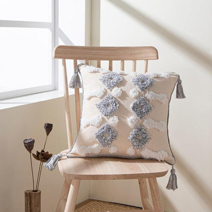 Cushion Cover beige tufted pillow with grey diamond pattern and tassel corners on Tampa Home & Garden Store