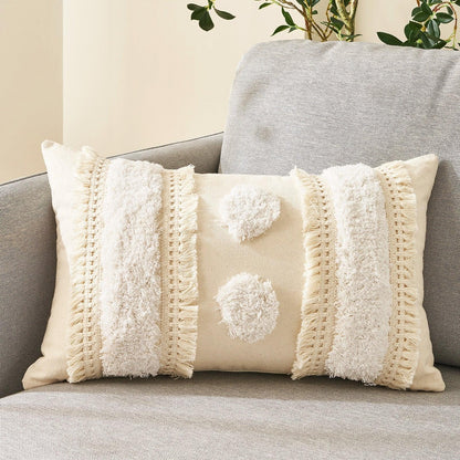 Beige cotton-linen cushion cover with tufted pom-pom details and tassel trim by Stevvex on Tampa Home & Garden Store