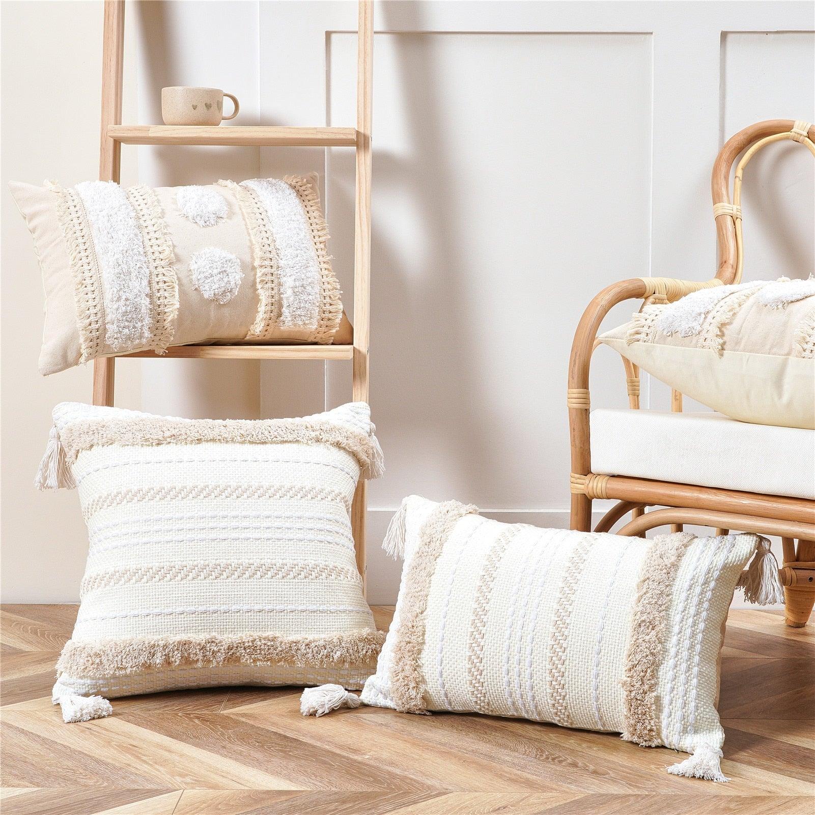 Stevvex cushion cover beige tufted cotton‑linen hand‑woven decorative pillowcase for bed on Tampa Home & Garden Store