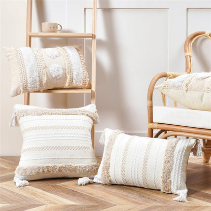 Stevvex cushion cover beige tufted cotton‑linen hand‑woven decorative pillowcase for bed on Tampa Home & Garden Store