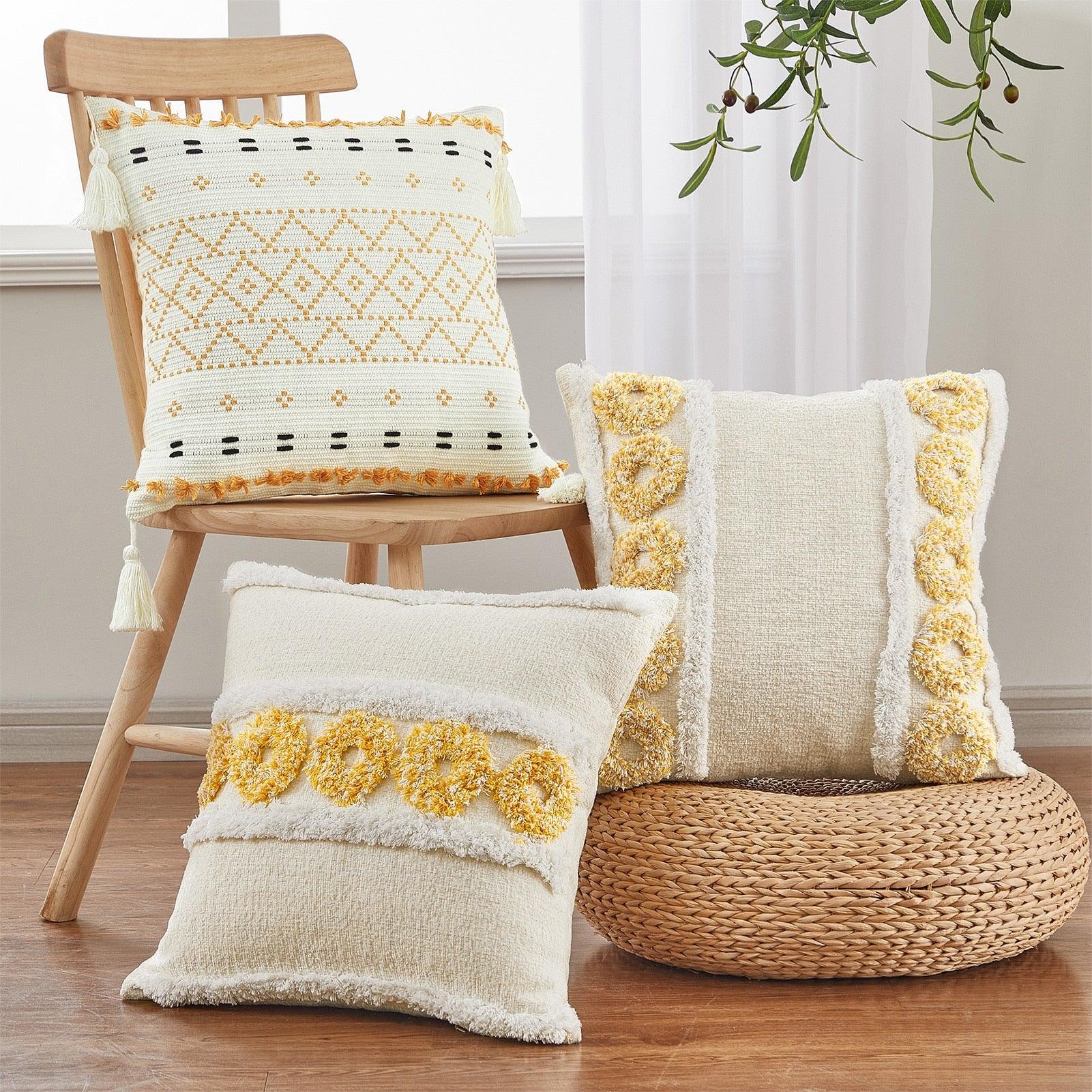 Cushion Cover Cotton Linen Tufted Beige decorative pillow with tassel trim Stevvex on Tampa Home & Garden Store