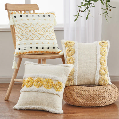 Cushion Cover Cotton Linen Tufted Beige decorative pillow with tassel trim Stevvex on Tampa Home & Garden Store