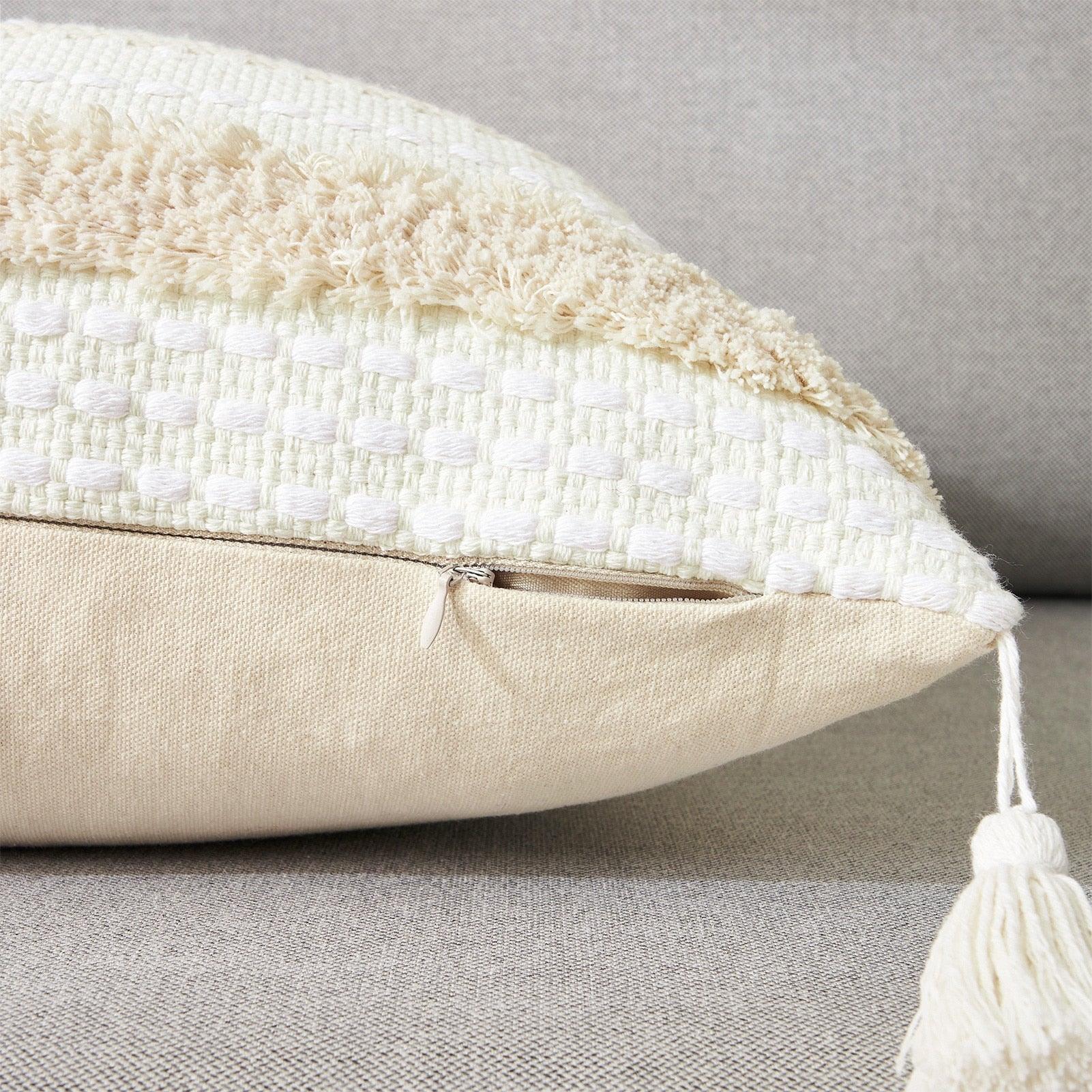 Cushion cover Stevvex cream tufted cotton-linen with visible zipper and tassel fringe on Tampa Home & Garden Store
