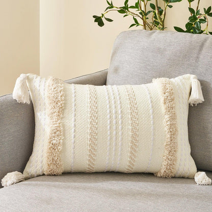 Stevvex cushion cover cotton linen tufted beige decorative pillow with tassels on sofa on Tampa Home & Garden Store
