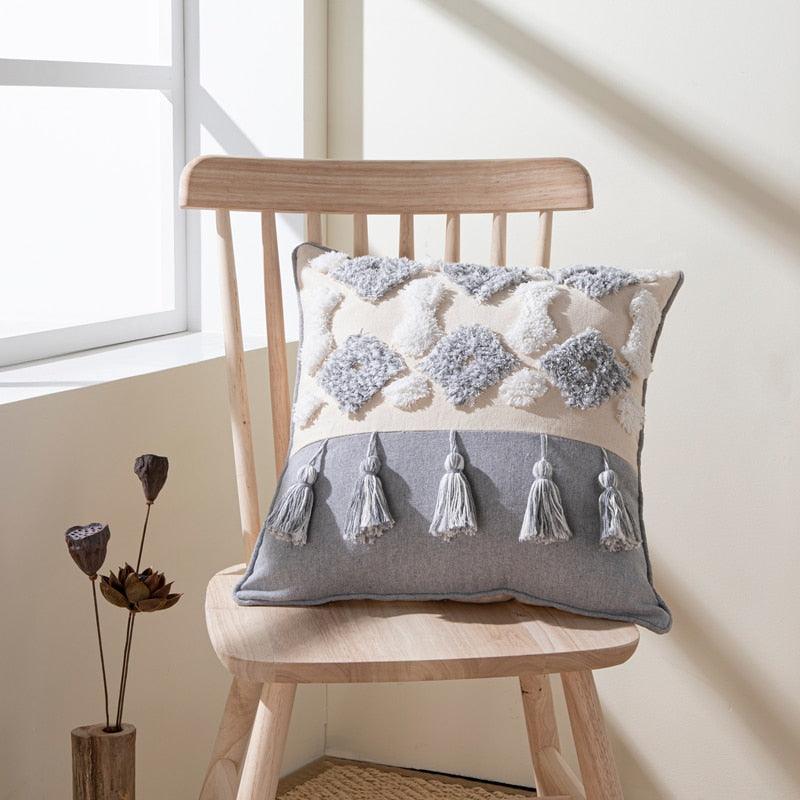 Cushion cover cotton linen beige gray tassels Stevvex pillow cover on Tampa Home & Garden Store