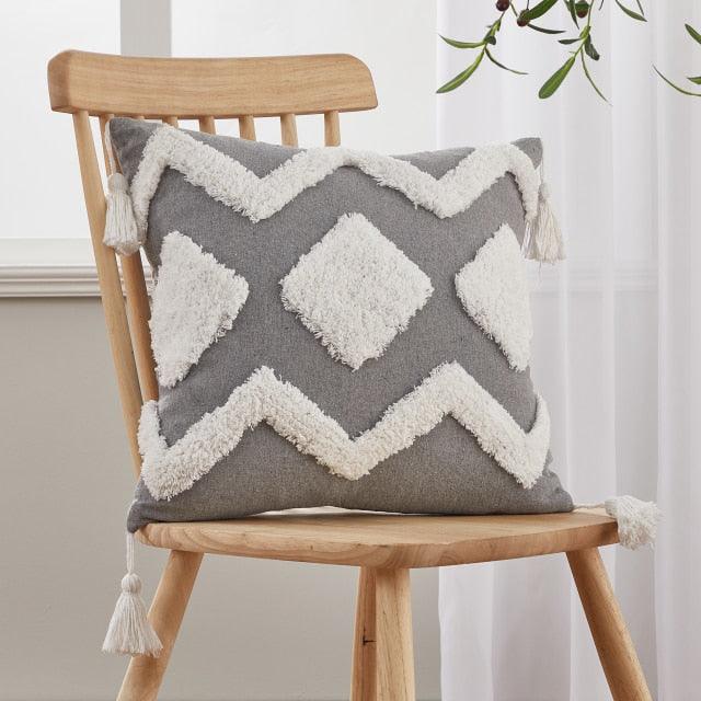 Cushion Cover gray tufted geometric with white fringe tassels, hand-woven cotton-linen Stevvex on Tampa Home & Garden Store