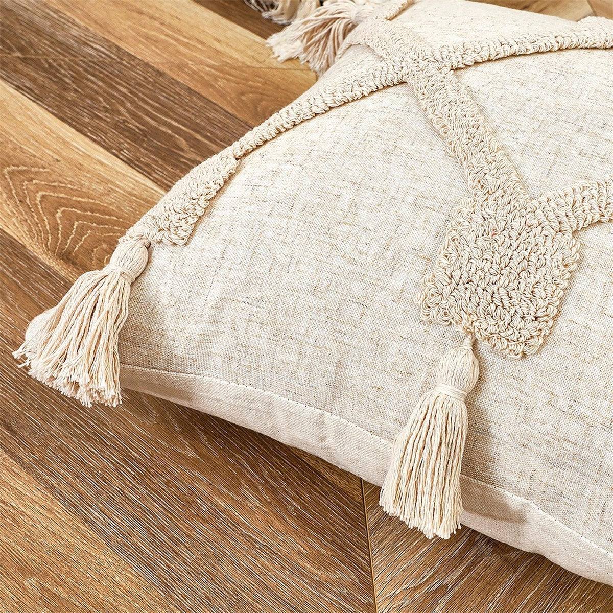Cushion cover beige cotton-linen hand-woven with tassel fringe and braided trim Stevvex on Tampa Home & Garden Store