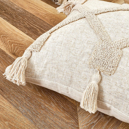 Cushion cover beige cotton-linen hand-woven with tassel fringe and braided trim Stevvex on Tampa Home & Garden Store