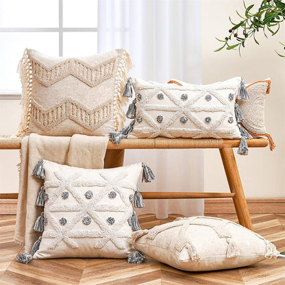 Stevvex beige cotton-linen cushion cover set with handwoven tufted fringe on Tampa Home & Garden Store