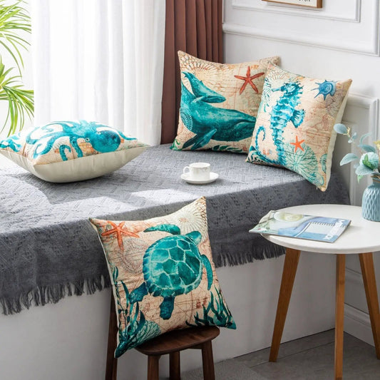 Sea turtle printed cushion covers Decorbites turquoise turtles on beige vintage map background on Tampa Home & Garden Store