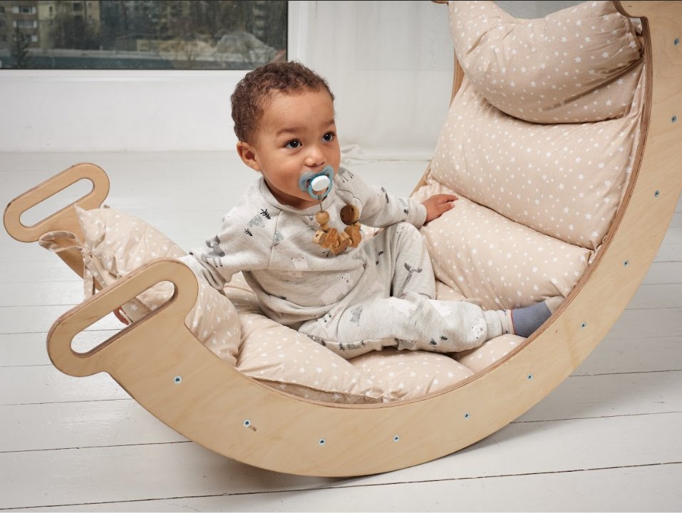Cushion for Climbing Arch & Rocker Balance Goodevas, beige cushion on a wooden curved rocker on Tampa Home & Garden Store