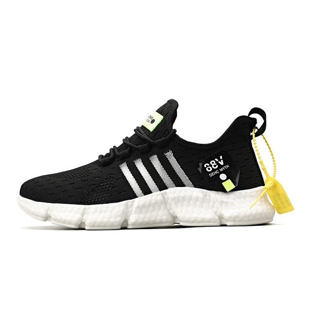 Stevvex men's athletic running shoe black breathable mesh upper with white sole and stripes on Tampa Home & Garden Store