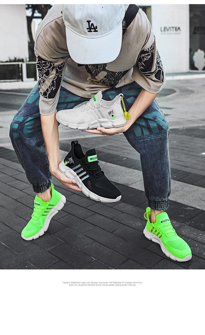 Stevvex men's athletic running shoes three colorways white black neon-green breathable mesh lightweight non-slip on Tampa Home & Garden Store