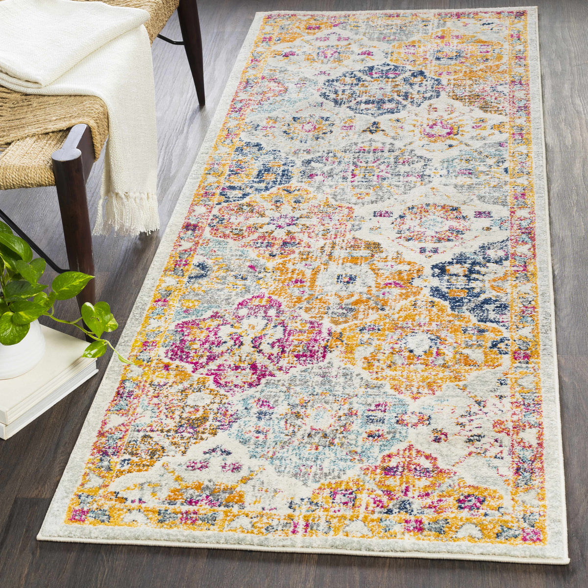 Custar Colorful Area Rug with vibrant multicolor abstract pattern on light cream backdrop on Tampa Home & Garden Store
