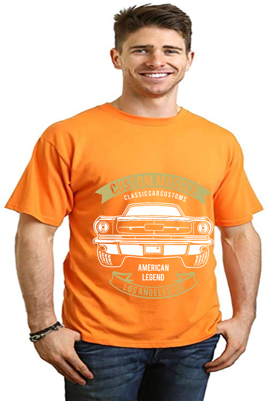 Custom Muscle Mens Bamboo Viscose/Organic Cotton Graphic T-Shirt orange with white vintage car on Tampa Home & Garden Store