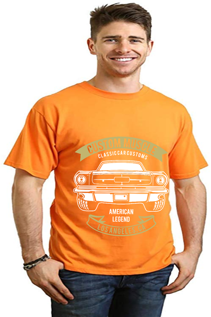 Custom Muscle Mens Bamboo Viscose/Organic Cotton Graphic T-Shirt orange with white vintage car on Tampa Home & Garden Store