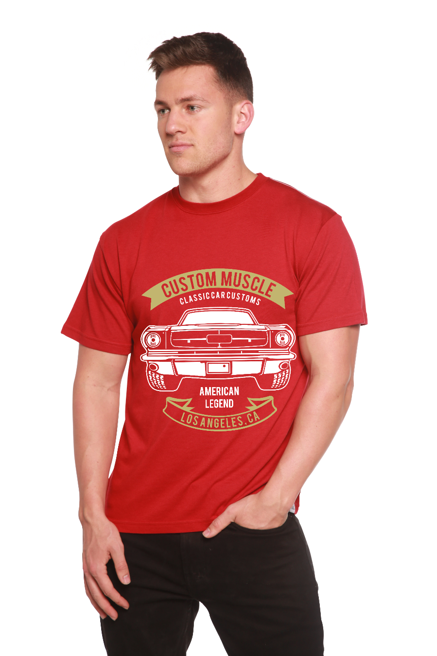 Custom Muscle men's red Spun Bamboo graphic T-shirt with car print on Tampa Home & Garden Store