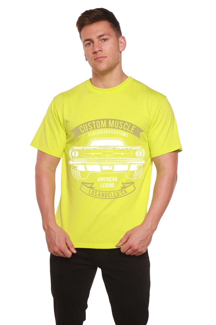 Custom Muscle men's graphic tee neon yellow bamboo viscose/organic cotton with car art on Tampa Home & Garden Store