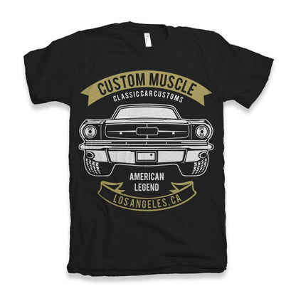 Custom Muscle men's black graphic T-shirt with vintage car print on Tampa Home & Garden Store