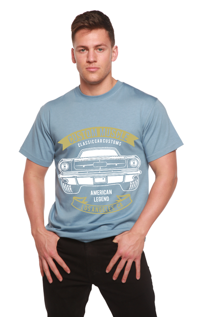 Mens blue Spun Bamboo graphic T-shirt with white vintage car front print and yellow banners on Tampa Home & Garden Store