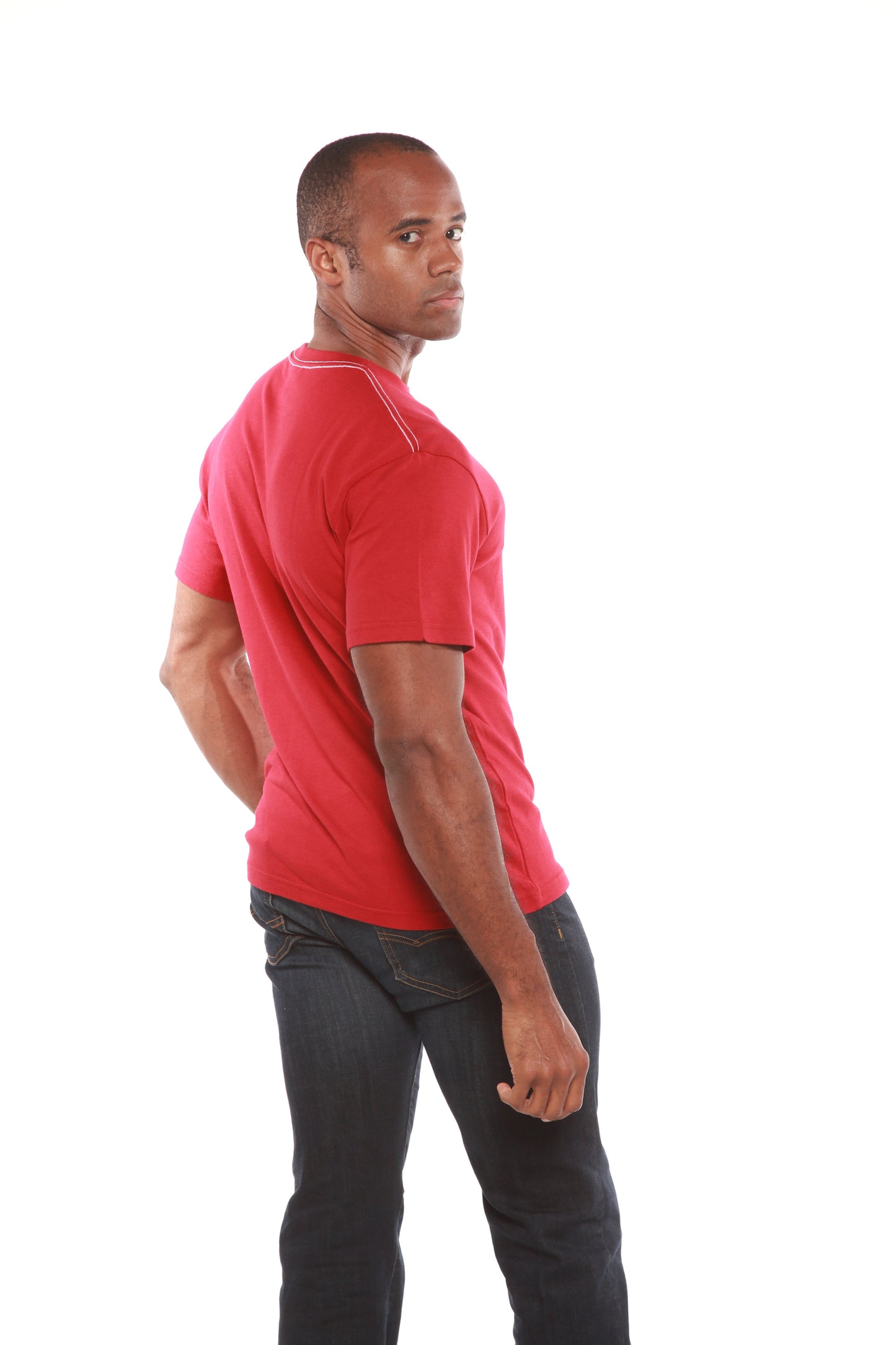 Custom Printed Men's Bamboo Short Sleeve T-Shirt red with white contrast stitching on model on Tampa Home & Garden Store