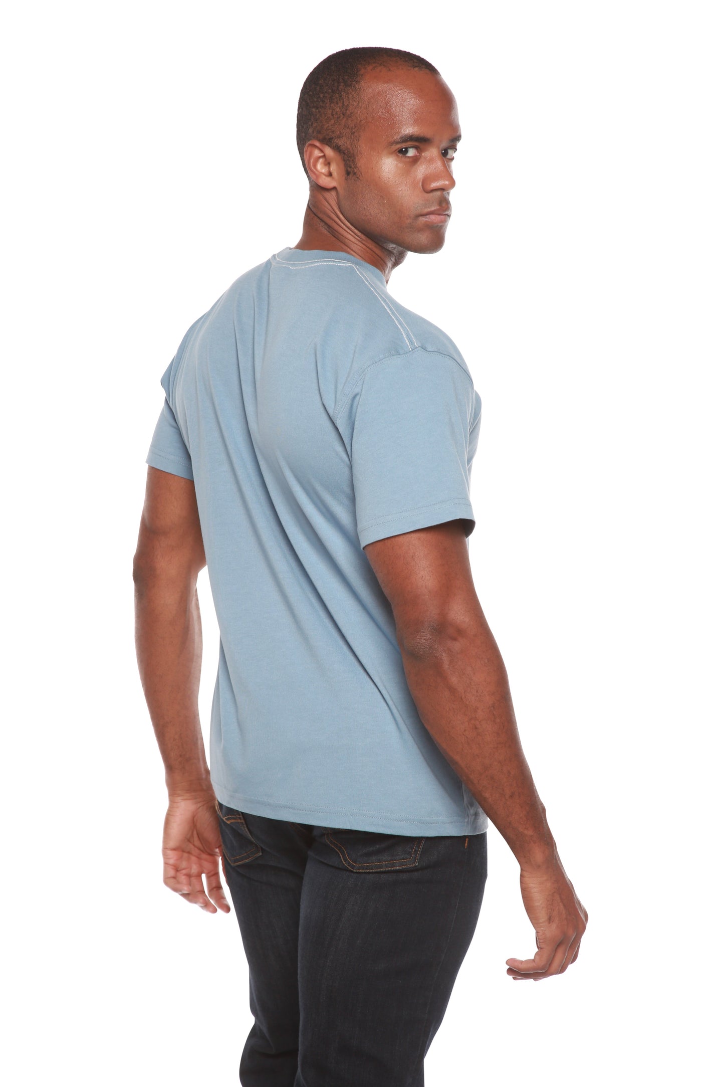 Custom Printed Men's Bamboo T-Shirt, light blue, short sleeves, back/side view, Spun Bamboo on Tampa Home & Garden Store