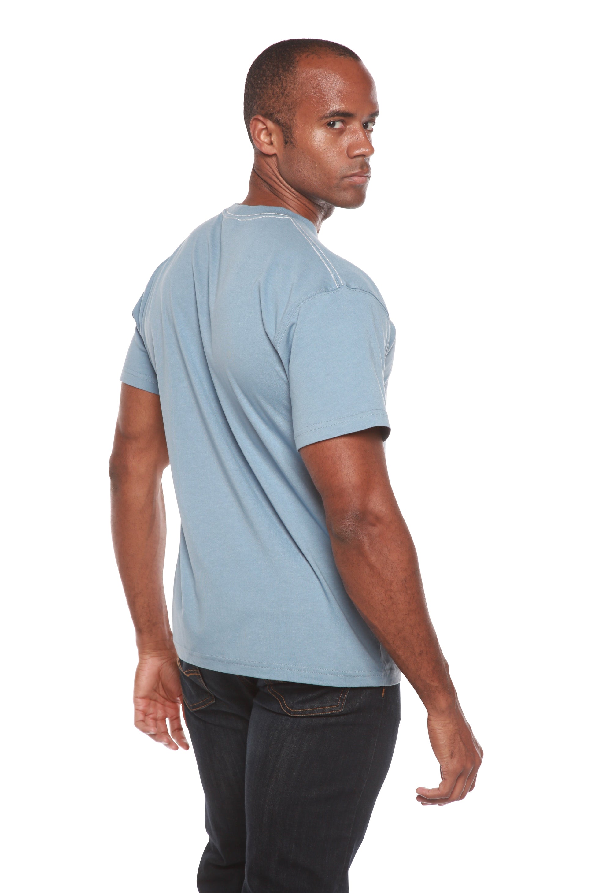 Custom Printed Men's Bamboo T-Shirt, light blue, short sleeves, back/side view, Spun Bamboo on Tampa Home & Garden Store