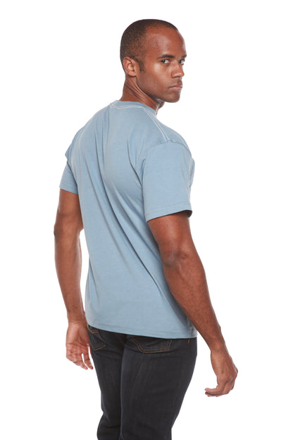 Custom Printed Men's Bamboo T-Shirt, light blue, short sleeves, back/side view, Spun Bamboo on Tampa Home & Garden Store