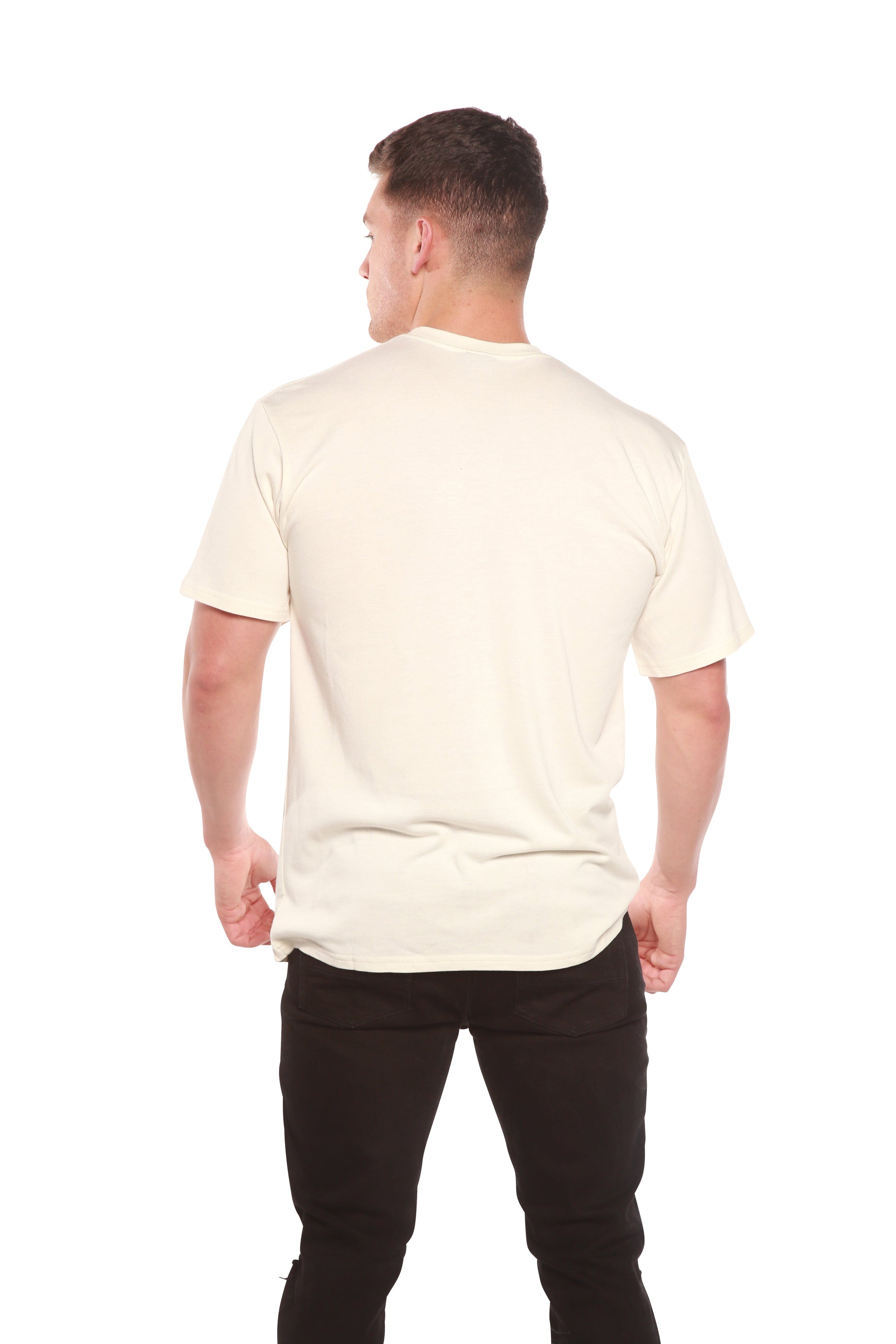 Custom Printed Men's Bamboo Viscose/Cotton Short Sleeve Tee back view in cream Spun Bamboo on Tampa Home & Garden Store