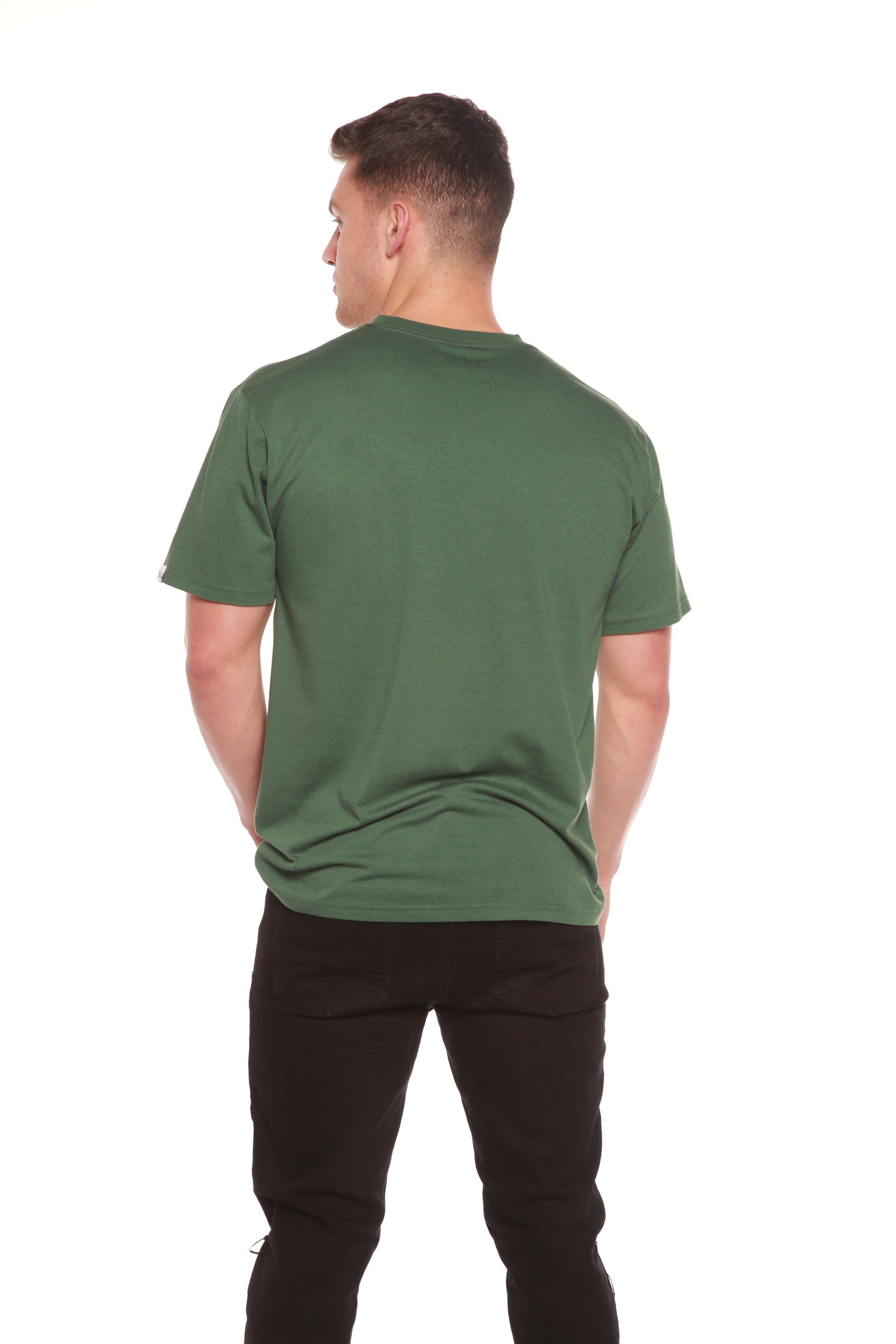 Back view of green men's short sleeve t-shirt by Spun Bamboo on Tampa Home & Garden Store